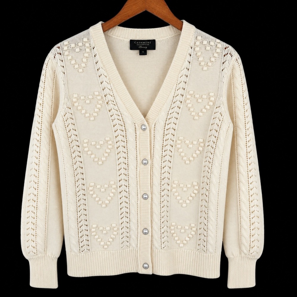 Vintage Cardigan M 100% Cashmere Hearts Embroidered Cottage Cream Coquette Cozy
